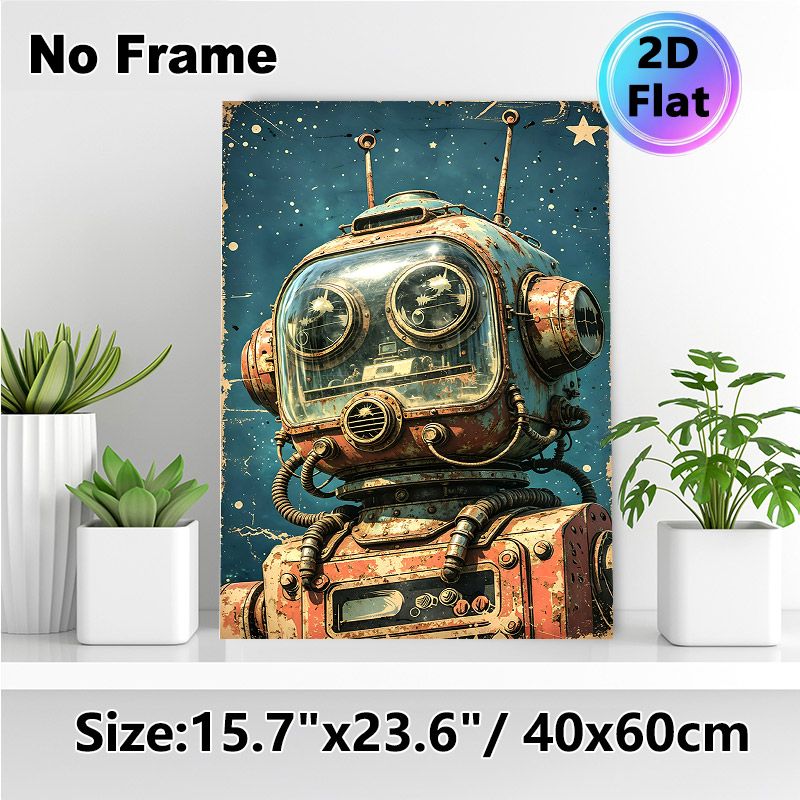 Vintage Robot Painting Poster, Retro Rusted Steampunk-style Robot Poster, Weathered Mechanical Design With Starry Backdrop, Ideal For Home Office_maomaolike.com
