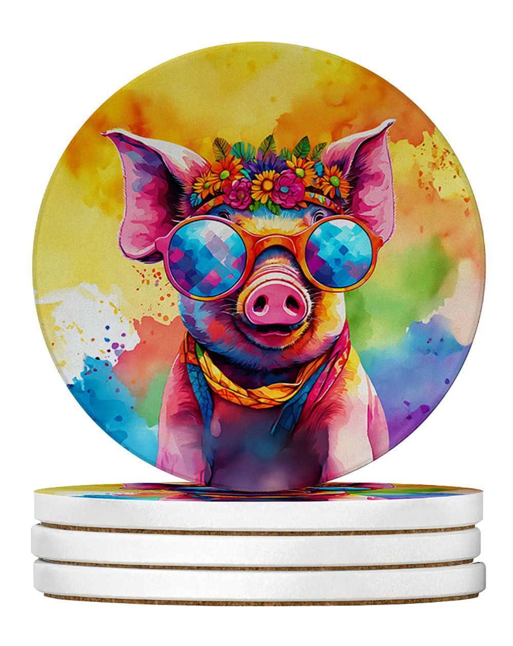 Hippie Animal Pig Large Sandstone Coasters Pack Of 4 Absorbent Round Coasters Decor Gifts For Men Or Women, 4 In, Multicolor_maomaolike.com