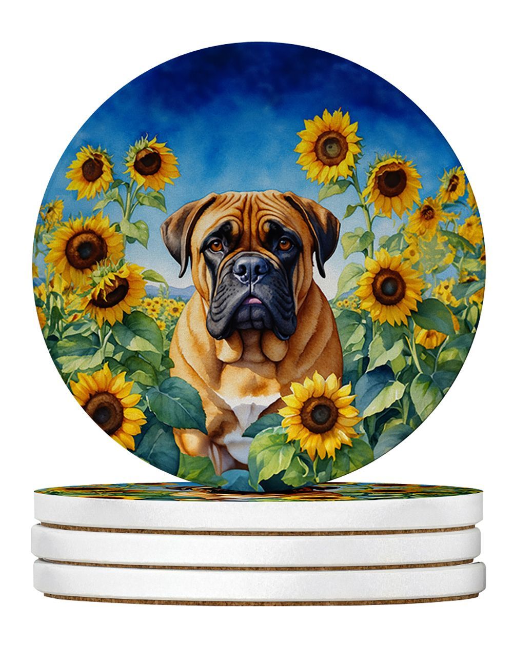 Bullmastiff In Sunflowers Large Sandstone Coasters Pack Of 4 Absorbent Round Coasters Decor Gifts For Men Or Women, 4 In, Multicolor_maomaolike.com