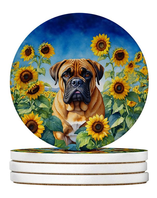 Bullmastiff In Sunflowers Large Sandstone Coasters Pack Of 4 Absorbent Round Coasters Decor Gifts For Men Or Women, 4 In, Multicolor_maomaolike.com
