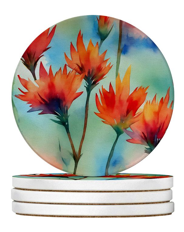Wyoming Indian Paintbrush In Watercolor Large Sandstone Coasters Pack Of 4 Absorbent Round Coasters Decor Gifts For Men Or Women, 4 In, Multicolor_maomaolike.com