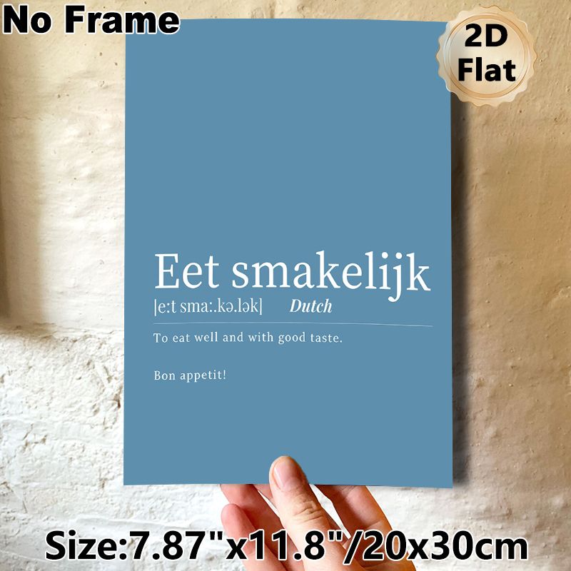 Dutch "Eet Smakelijk" Culinary Quote Painting Poster, Clean Minimalist Blue & White Typographic Poster, Warm Dining Decor Idea For Kitchen And Dining_maomaolike.com