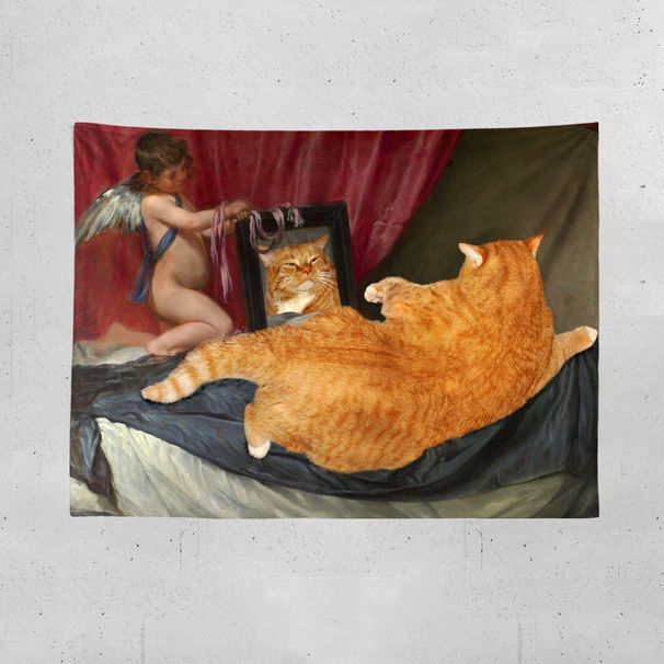 Vintage INS Hanging Background Oil Painting Cat Girly Bedroom Rental Renovation Dormitory Headboard Wall Cloth Tapestry_maomaolike.com