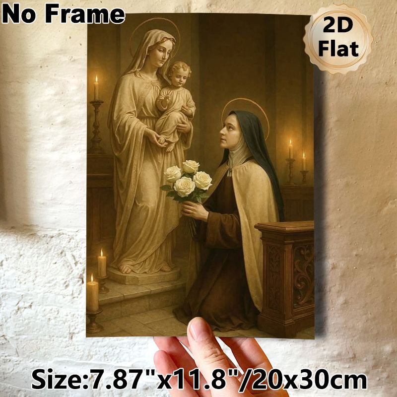 Religious Madonna With Child Painting Poster, Vintage Warm-toned Devotional Scene With Nun Holding White Roses Poster, Serene Spiritual Artwork Ideal_maomaolike.com