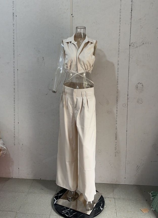 Women's fashion solid color lapel sexy sleeveless top casual pants suit_maomaolike.com