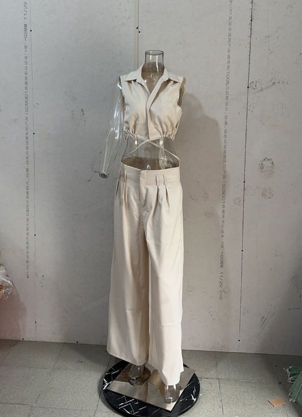 Women's fashion solid color lapel sexy sleeveless top casual pants suit_maomaolike.com