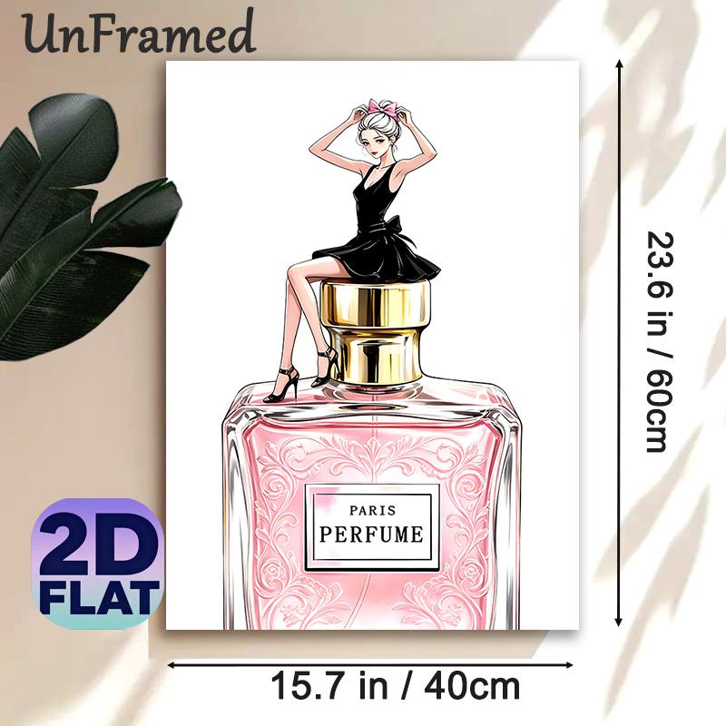 Elegant Lady & Perfume Painting Poster, Stylish Illustration Of Lady On Pink Paris Perfume Bottle Poster, Feminine Chic Decor Ideal For Bedroom_maomaolike.com