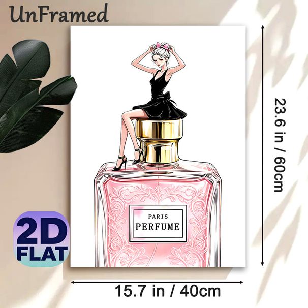 Elegant Lady & Perfume Painting Poster, Stylish Illustration Of Lady On Pink Paris Perfume Bottle Poster, Feminine Chic Decor Ideal For Bedroom_maomaolike.com
