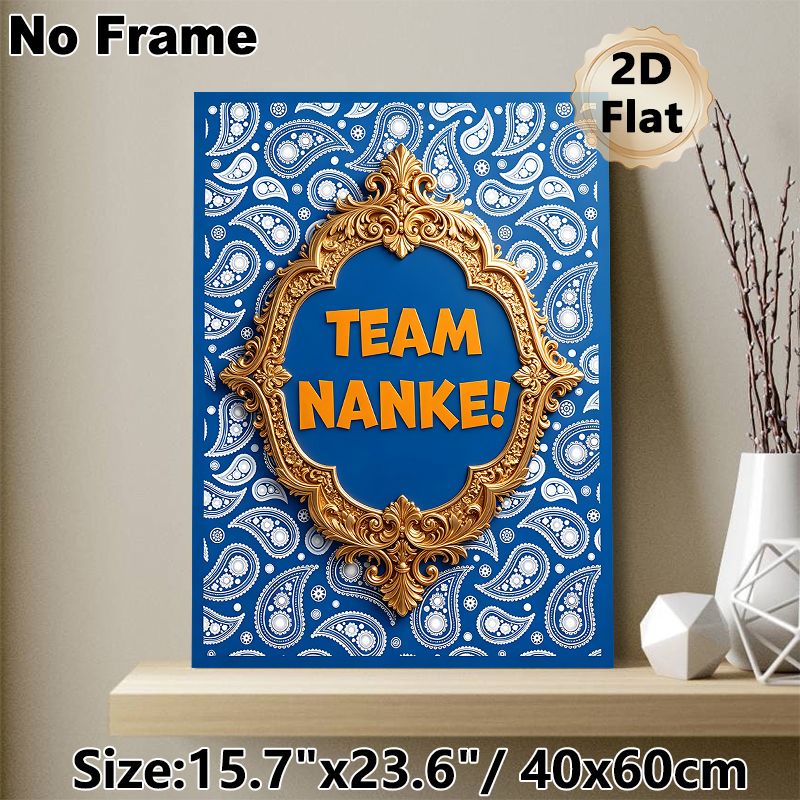 Team Nanke Themed Painting Poster, Luxury Golden Ornate Framed Blue Paisley Patterned Poster, Vibrant Typography Design Ideal For Office & Team_maomaolike.com