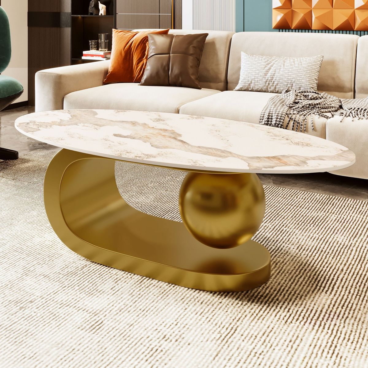 Modern Oval Coffee Table For Living Room, Marble Pattern Sintered Stone Coffee Tabletop With Gold Stainless Steel Base In 47.2"_maomaolike.com