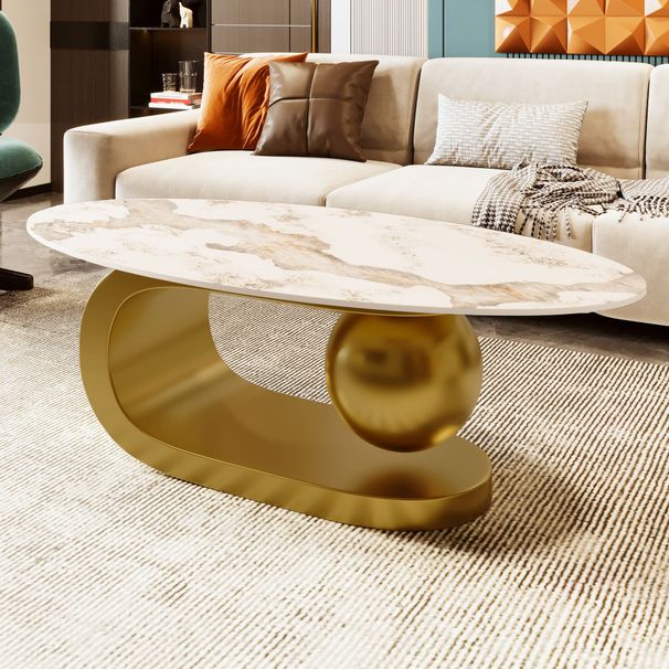Modern Oval Coffee Table For Living Room, Marble Pattern Sintered Stone Coffee Tabletop With Gold Stainless Steel Base In 47.2"_maomaolike.com