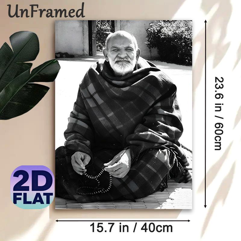 Elderly Man Themed Painting Poster, Monochrome Portrait Of Smiling Elderly Man With Prayer Beads Poster, Peaceful Nostalgic Decor Ideal For Living_maomaolike.com