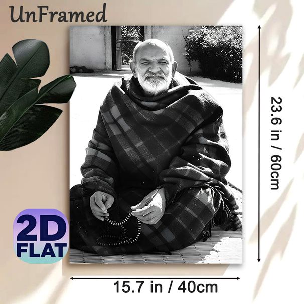 Elderly Man Themed Painting Poster, Monochrome Portrait Of Smiling Elderly Man With Prayer Beads Poster, Peaceful Nostalgic Decor Ideal For Living_maomaolike.com