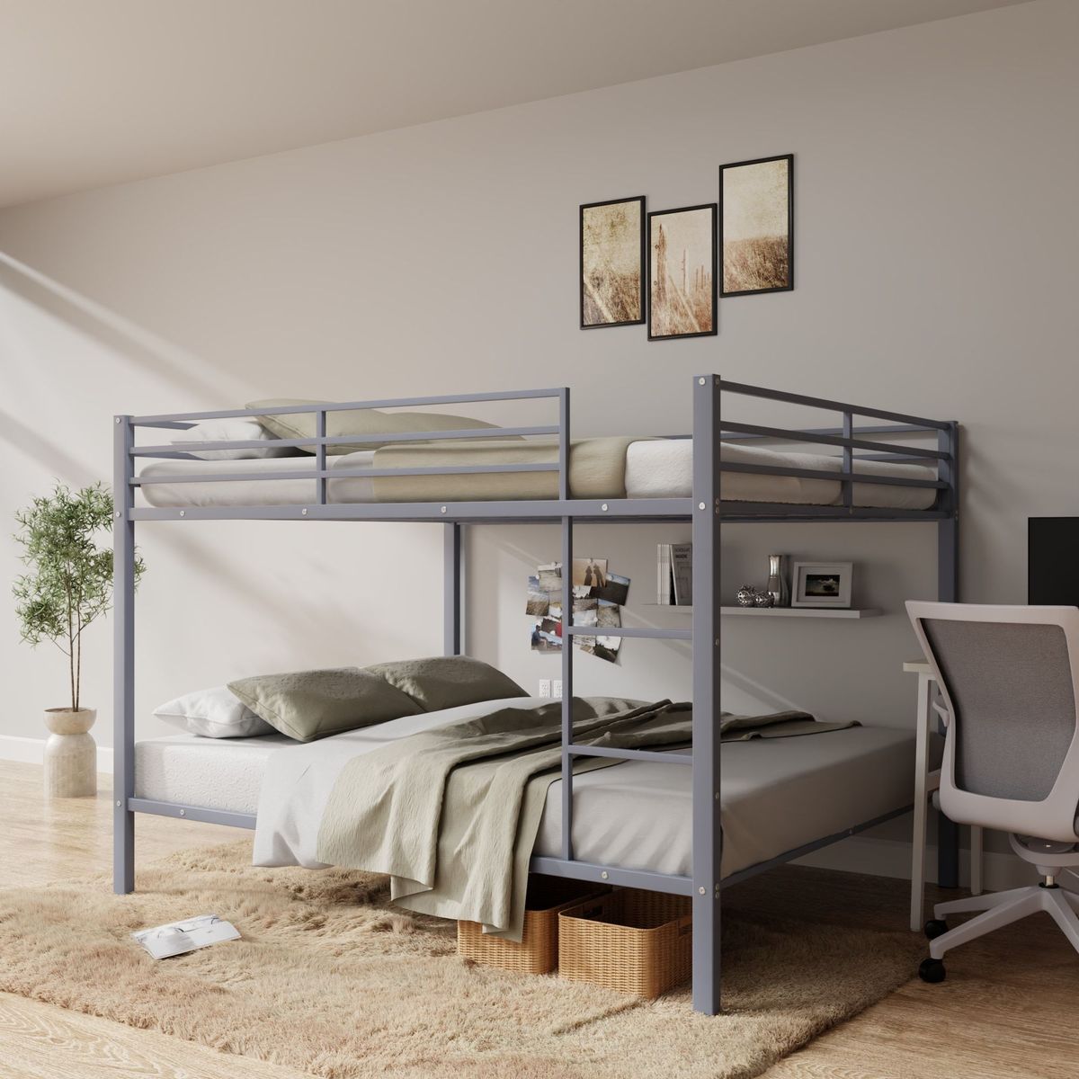 Full Over Full Bunk Bed, Heavy Duty Metal Bunk Bed Frame With Built-in Ladder And Safety Guard Rail, Low Metal Bunk Bed Frame For Kids, No Boxspring Required, For Small Spaces,Gray_maomaolike.com