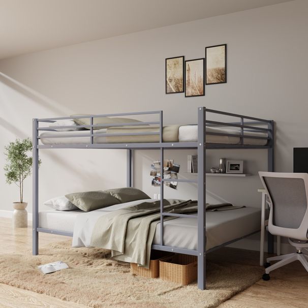Full Over Full Bunk Bed, Heavy Duty Metal Bunk Bed Frame With Built-in Ladder And Safety Guard Rail, Low Metal Bunk Bed Frame For Kids, No Boxspring Required, For Small Spaces,Gray_maomaolike.com