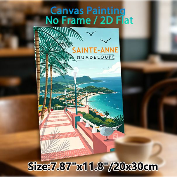Sainte-Anne Guadeloupe Coastal Painting Poster, Vibrant Retro Tropical Seaside Scene Poster, Captivating Scenic Design With Palm Trees And Seaside_maomaolike.com