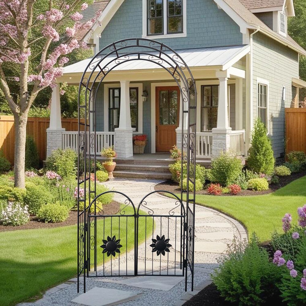 Metal Garden Arch With Doors Garden Arbor Trellis Climbing Plants Support Arch Outdoor Arch Wedding Arch Party Events Archway Black_maomaolike.com