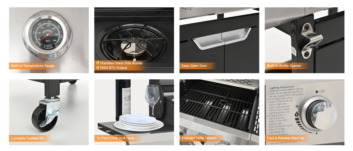 Propane Grill 3 Burner Barbecue Grill Stainless Steel Gas Grill With Side Burner For Outdoor BBQ, Camping_maomaolike.com