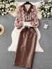 Women's Clothing collar floral chiffon shirt high waist tight PU leather skirt female high end outfit two piece suit_maomaolike.com