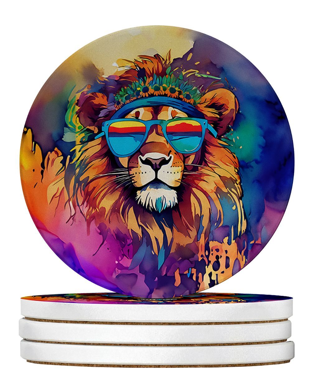 Hippie Animal Lion Large Sandstone Coasters Pack Of 4 Absorbent Round Coasters Decor Gifts For Men Or Women, 4 In, Multicolor_maomaolike.com