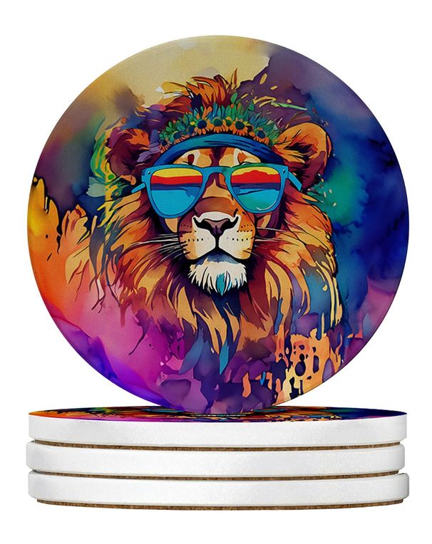 Hippie Animal Lion Large Sandstone Coasters Pack Of 4 Absorbent Round Coasters Decor Gifts For Men Or Women, 4 In, Multicolor_maomaolike.com