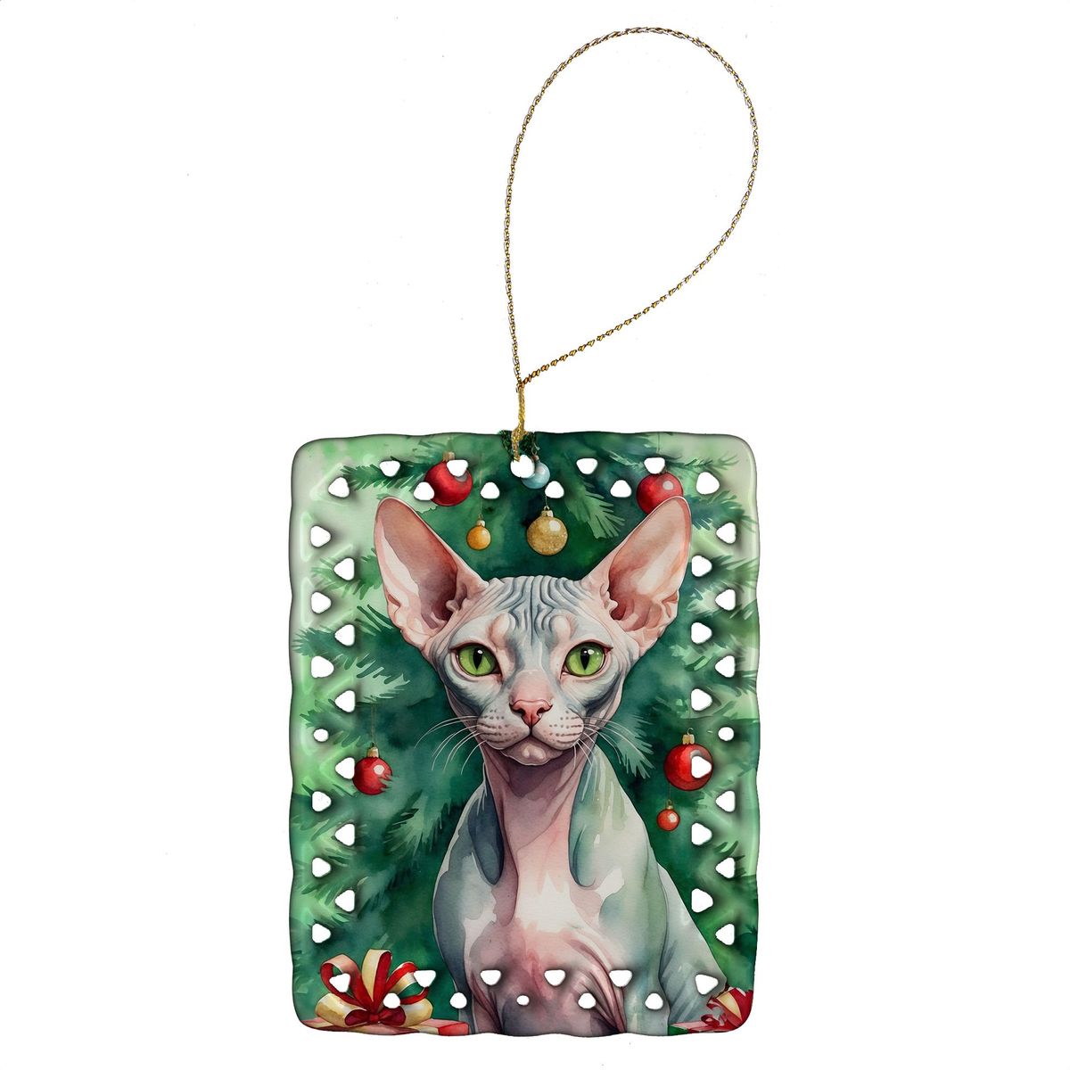 Sphynx Cat By The Christmas Tree Porcelain Ornament Christmas Tree Hanging Decorations For Home Christmas Holiday, Rectangle, Gift, Multicolor_maomaolike.com