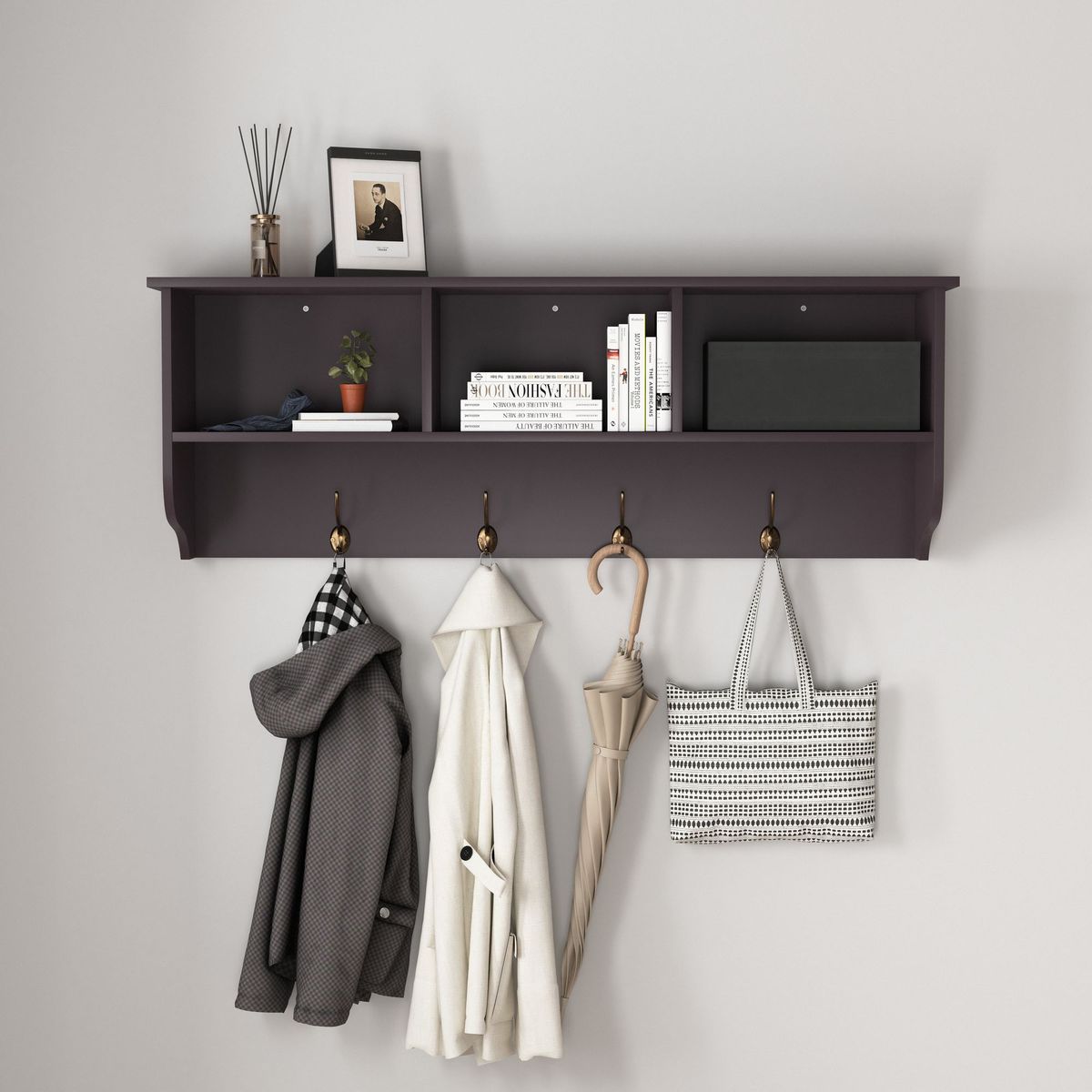 White Entryway Wall Mounted Coat Rack With 4 Dual Hooks Living Room Wooden Storage Shelf_maomaolike.com
