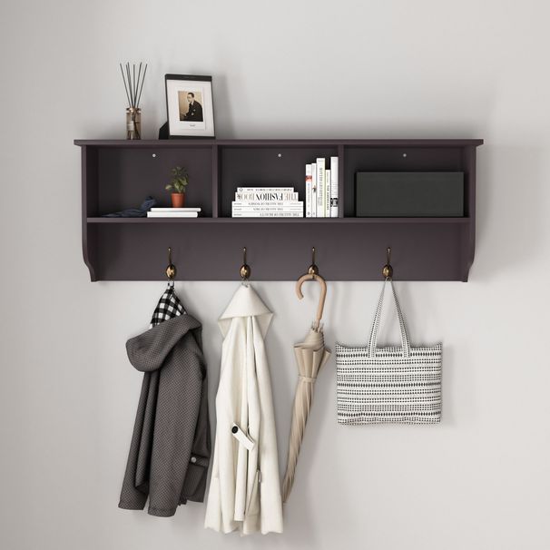 White Entryway Wall Mounted Coat Rack With 4 Dual Hooks Living Room Wooden Storage Shelf_maomaolike.com