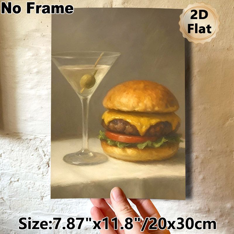 Gourmet Still Life Painting Poster, Realistic Cheeseburger & Martini With Olive Poster, Elegant Food-themed Decor Suitable For Restaurant, Kitchen And_maomaolike.com