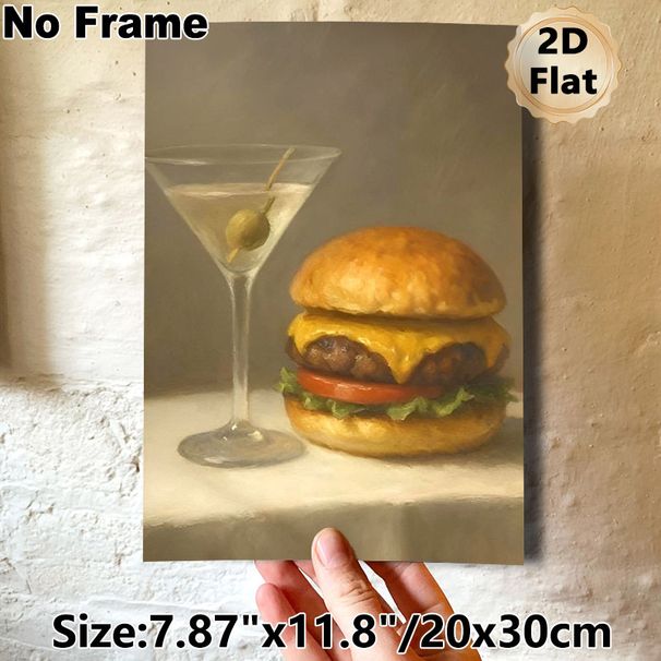 Gourmet Still Life Painting Poster, Realistic Cheeseburger & Martini With Olive Poster, Elegant Food-themed Decor Suitable For Restaurant, Kitchen And_maomaolike.com