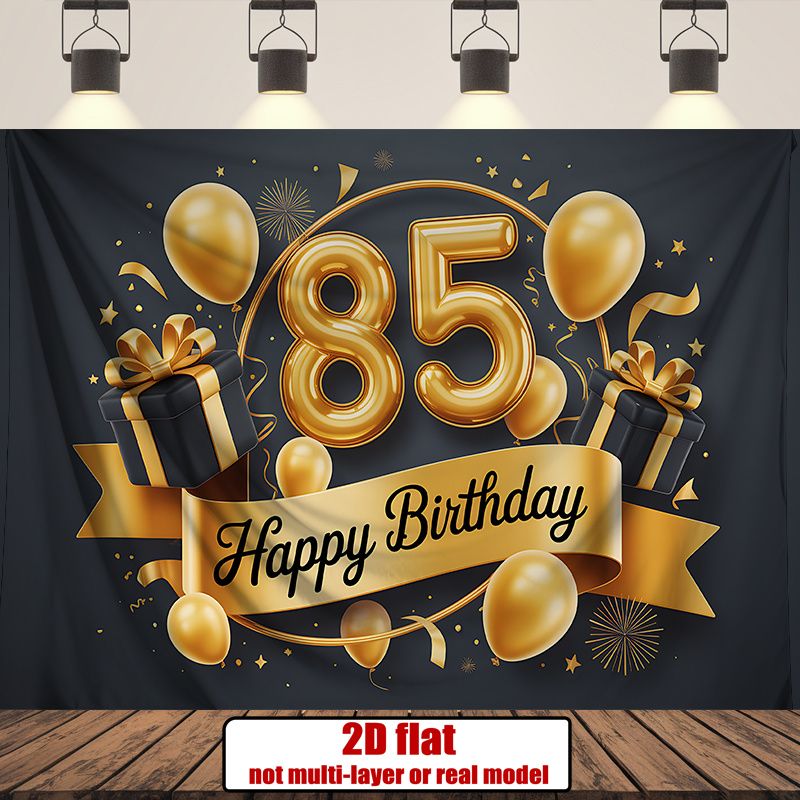 Black Golden 85th Birthday Party Banner - 2D Flat Polyester Backdrop, Wall Hanging Photo Props, Party Decor_maomaolike.com