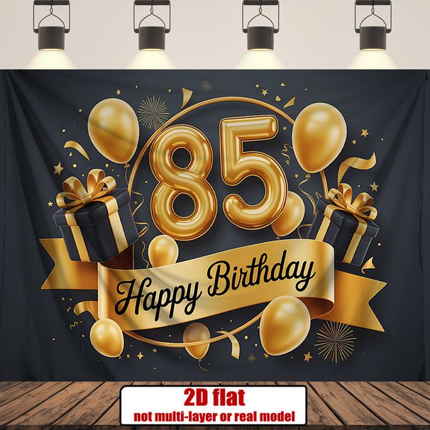 Black Golden 85th Birthday Party Banner - 2D Flat Polyester Backdrop, Wall Hanging Photo Props, Party Decor_maomaolike.com