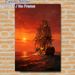 Burning Sailing Ship At Sunset Painting Poster, Dramatic Nautical Art Poster, Captivating Fiery Red Sky & Damaged Burning Ship On Wavy Sea, Suitable_maomaolike.com