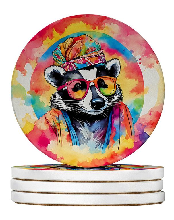 Hippie Animal Badger Large Sandstone Coasters Pack Of 4 Absorbent Round Coasters Decor Gifts For Men Or Women, 4 In, Multicolor_maomaolike.com