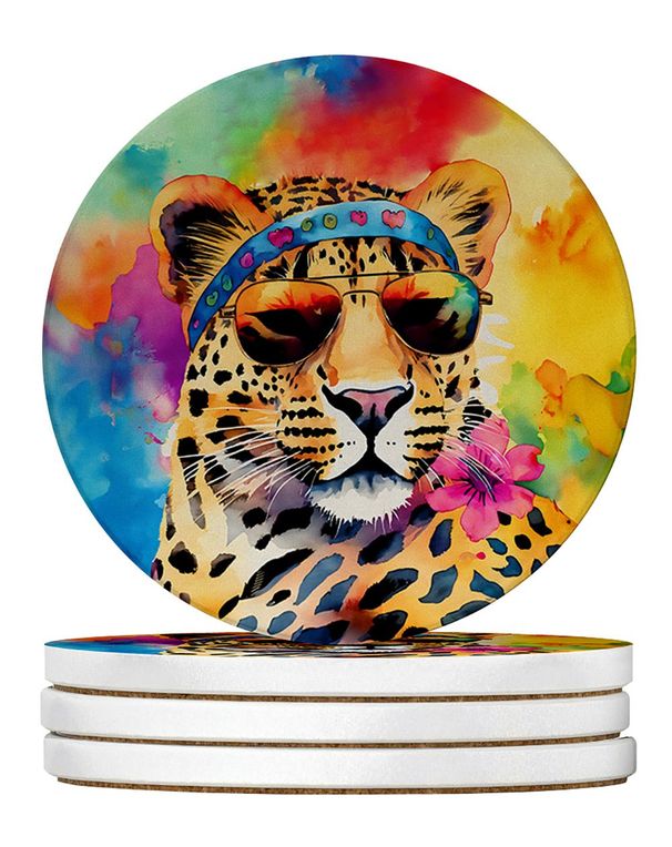 Hippie Animal Leopard Large Sandstone Coasters Pack Of 4 Absorbent Round Coasters Decor Gifts For Men Or Women, 4 In, Multicolor_maomaolike.com