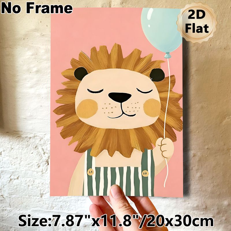 Cartoon Lion Painting Poster, Cute Pastel-toned Cartoon Style Poster, Cheerful Lion In Overalls Holding Balloon, Ideal For Bedroom And Living Room_maomaolike.com
