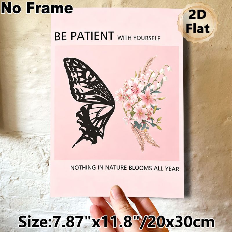 Butterfly & Floral Themed Inspirational Painting Poster, Soft Pink-toned Half Butterfly Silhouette With Blooming Flowers Poster, Gentle Motivational_maomaolike.com