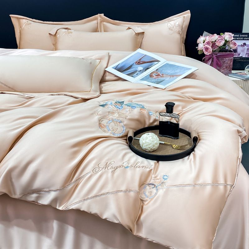 Summer Light Luxury Tencel Bedding Set Four-Piece Simple Solid Color Embroidered Duvet Cover Bed Sheet Factory Wholesale_maomaolike.com
