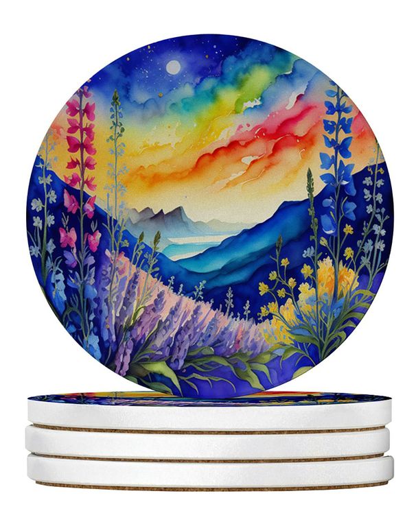 Colorful Delphinium Large Sandstone Coasters Pack Of 4 Absorbent Round Coasters Decor Gifts For Men Or Women, 4 In, Multicolor_maomaolike.com
