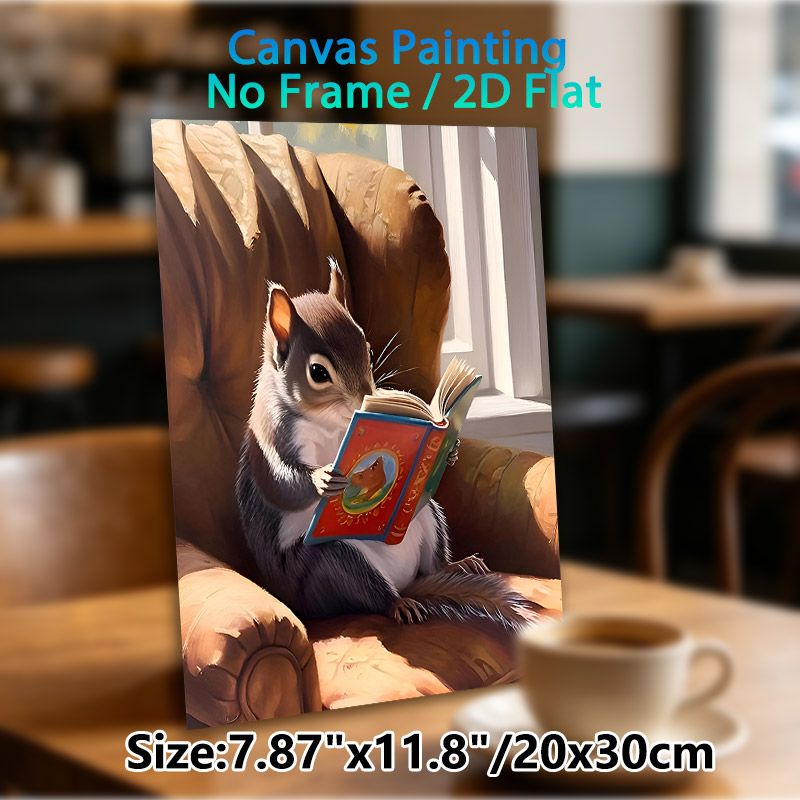 Reading Squirrel On Armchair Painting Poster, Warm-toned Whimsical Animal Illustration Poster, Cozy Heartwarming Decor Ideal For Living Room, Reading_maomaolike.com