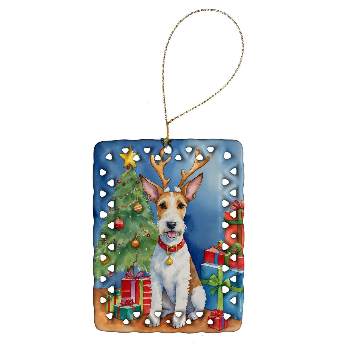 Fox Terrier Christmas Reindeer Porcelain Ornament Christmas Tree Hanging Decorations For Home Christmas Holiday, Rectangle, Gift, Multicolor_maomaolike.com