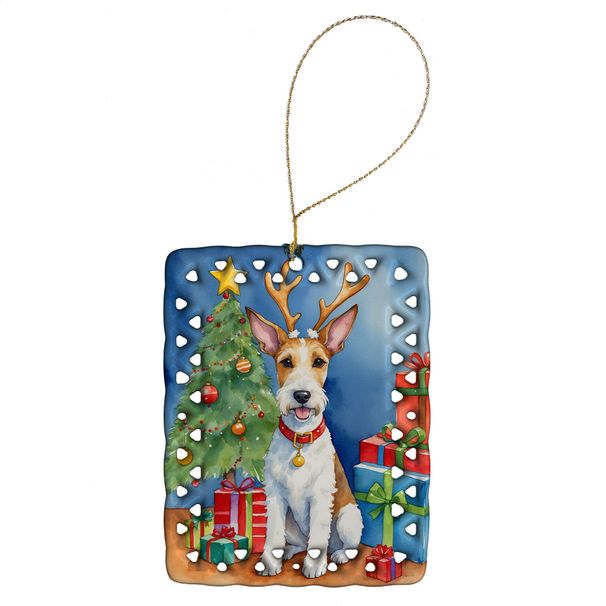 Fox Terrier Christmas Reindeer Porcelain Ornament Christmas Tree Hanging Decorations For Home Christmas Holiday, Rectangle, Gift, Multicolor_maomaolike.com