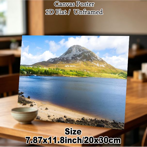 Mountain & Lakeside Painting Poster, Serene Natural Landscape Poster, Tranquil Lake With Snow-capped Mountain And Rocky Shore Design, Ideal For Living_maomaolike.com