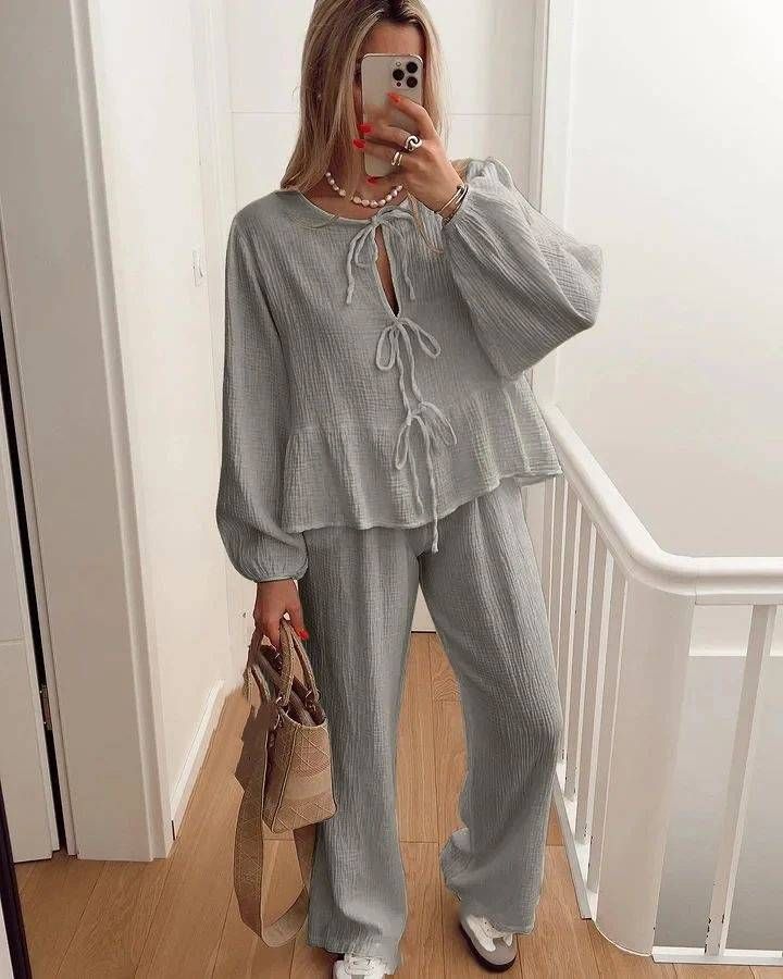 Women's Clothing casual fashion lace round neck lantern sleeve shirt high waist pants suit_maomaolike.com