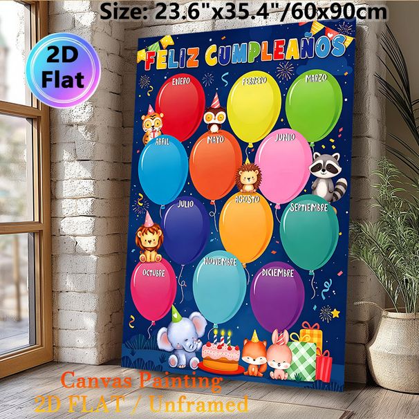 Spanish Birthday Calendar Painting Poster, Vibrant Cute Animal & Colorful Balloon Scene Poster, Festive Design To Track Monthly Birthdays, Suitable_maomaolike.com