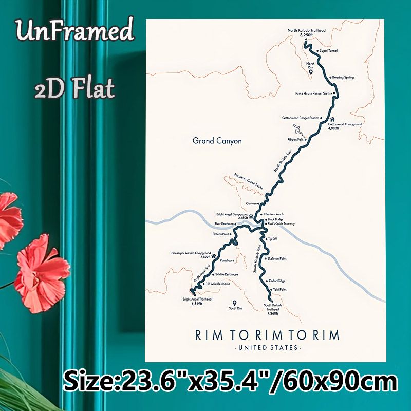 Grand Canyon Rim To Rim Trail Map Painting Poster, Minimalist Clear Trail Map Poster, Detailed Hiking Route Layout, Practical Reference For Hikers_maomaolike.com