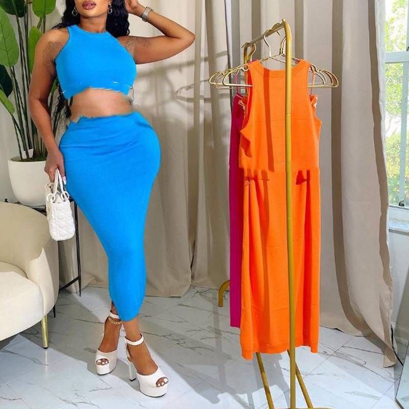 Women's Clothing new fashion casual vest high waist hip long skirt letter webbing casual two-piece suit_maomaolike.com