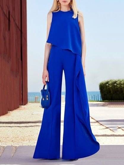 Women's Clothing solid color fashion temperament vest high waist wide leg pants women's irregular zipper jumpsuit _maomaolike.com