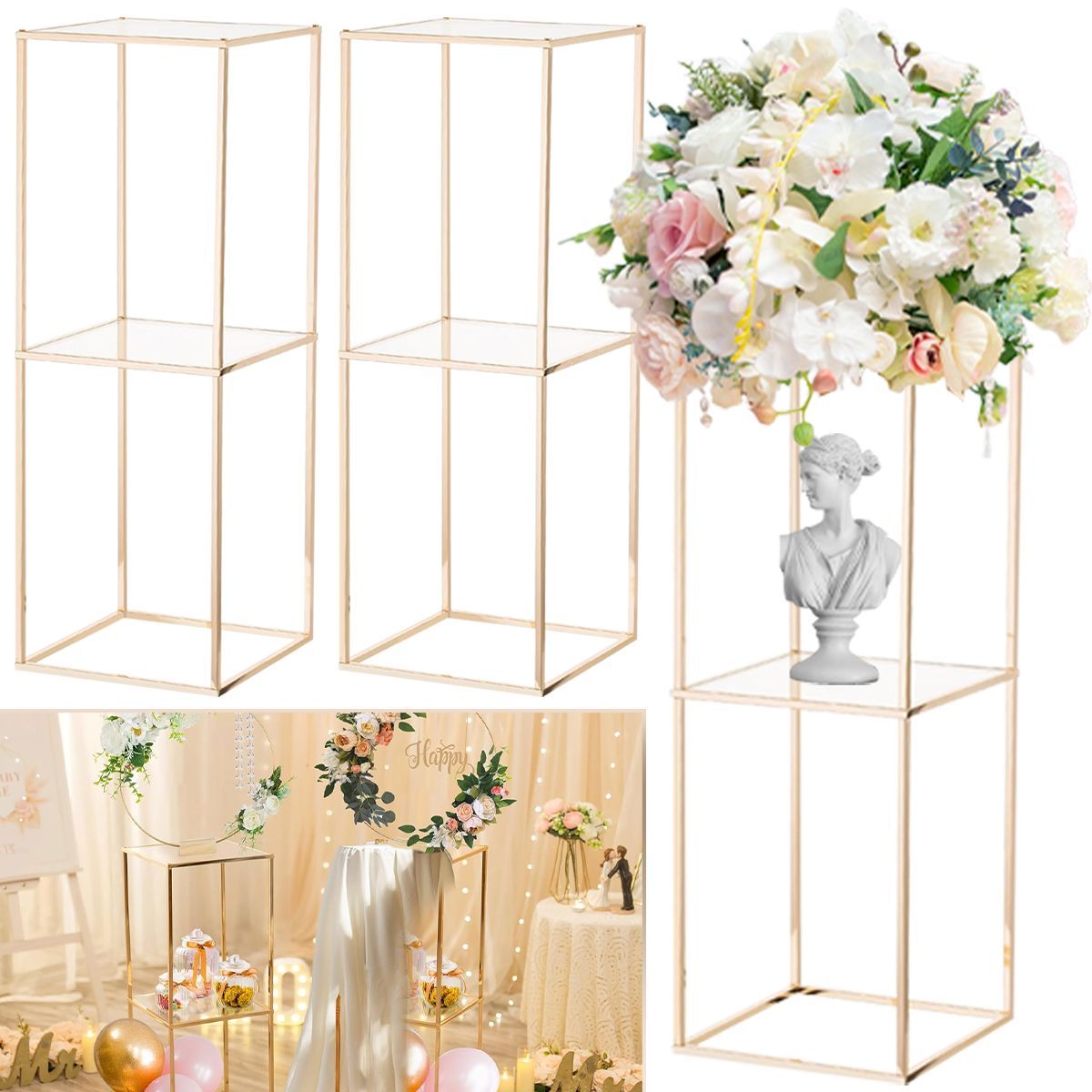 2 Pack 31.5 Inch Golden Flower Stand With 2-Layer Acrylic Pane Metal Flower Display Rack Tables Centerpieces Floor Geometric Column Vases For T-Stage Wedding Birthday Party Decorations_maomaolike.com