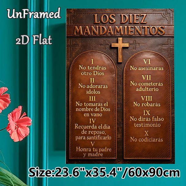 Spanish Ten Commandments Painting Poster, Vintage Leather-textured Poster With Engraved Golden Lettering & Cross, Faith-focused Wall Decor Suitable_maomaolike.com